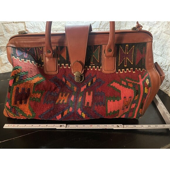 Vintage YUN ART Travel Bag Kilim Wool Leather Turkish Pattern Rush/Tan One Size - Picture 13 of 15